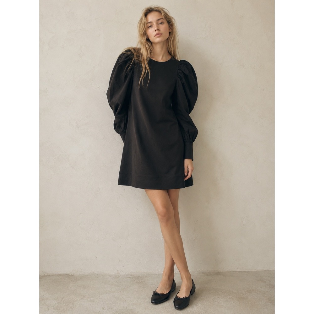 COS XS Puff Sleeve Dress Black Cotton Poplin Mini Statement Sleeve LBD